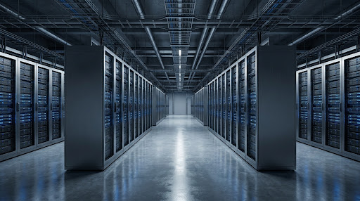 High-tech server racks in a cold-aisle containment system with sharp industrial lines