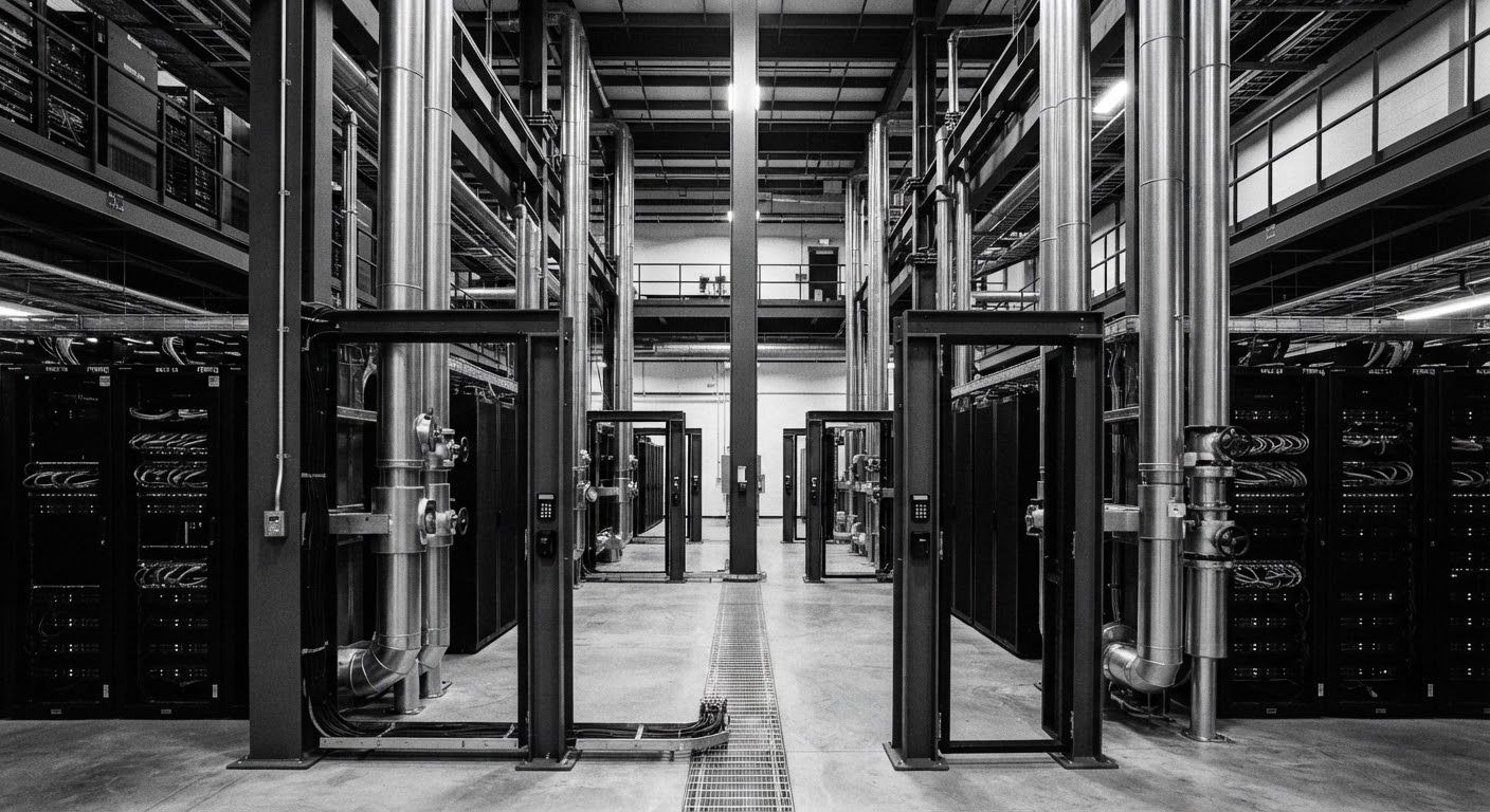 Industrial server room with precision-engineered hardware racks