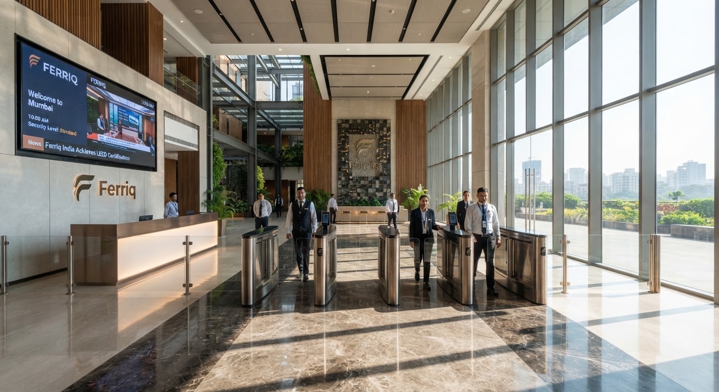 Corporate lobby with security turnstiles and digital signage